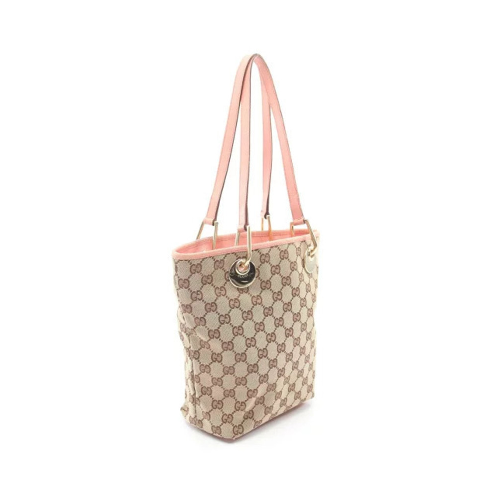 Gucci Beige Tote Leather Bag Pink Canvas GG Tan Pink